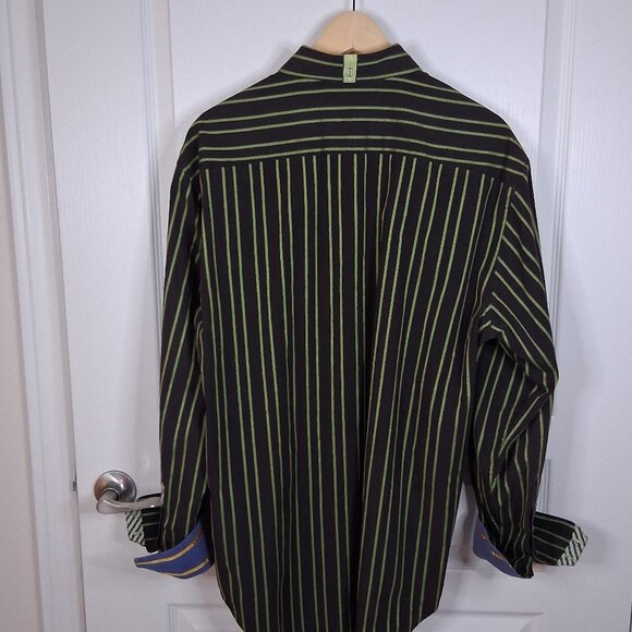 Robert Graham Shirt Men's XL Button Down Long Sleeve Green Striped Flip Cuff - Picture 2 of 5